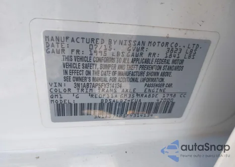2015 Nissan Sentra Fe+ S/S/Sl/Sr/Sv from USA, damaged, VIN 3N1AB7AP5FY314134